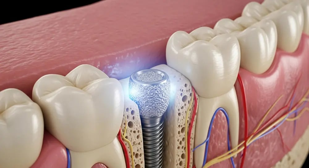 Implante dentário colocado na estrutura óssea durante uma reabilitação oral.